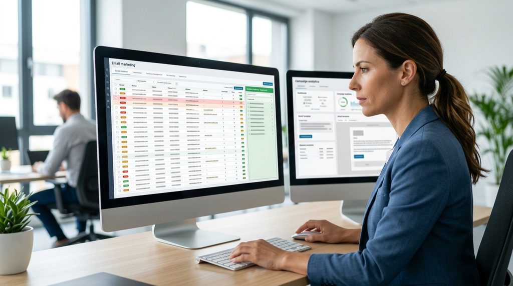 Profesional depurando y segmentando una base de datos digital para una campaña de email marketing