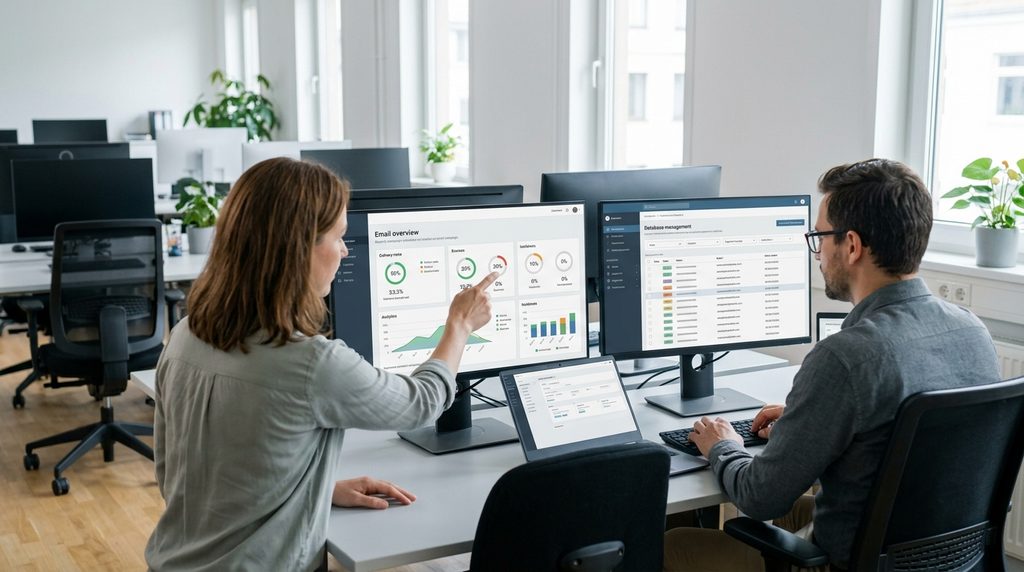 Equipo analizando resultados de email marketing para actualizar y mantener la calidad de la base de datos