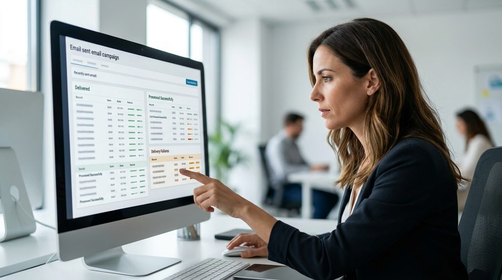 Profesional analizando rebotes y errores de entrega en una campaña de email marketing